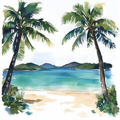 Tropical beach, 2D watercolor.