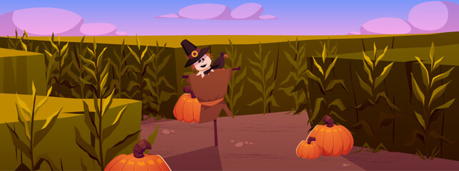 Obraz premium Corn field with scarecrow, pumpkins and a crow vector flat illustration, cartoon corn grows in field, rural Halloween