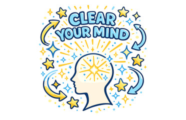 of clear mind concept with head silhouette, stars, arrows