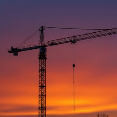 A large construction tower crane silhouetted against a beautiful, vibrant orange and pink evening sunset sky ,high ,metal ,crane
