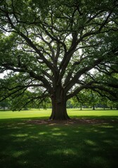 Fototapeta premium A magnificent mature oak tree stands tall in a public grassy field, its expansive canopy providing deep shade and natural beauty on a bright, sunny day, expansive, meadow, canopy