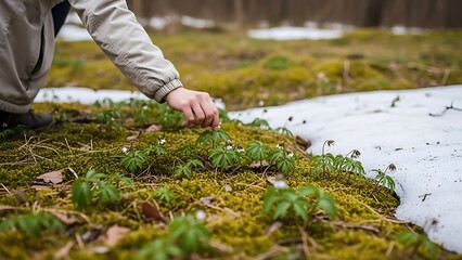 Person touching green plants in a mossy forest clearing with remaining snow patches nearby