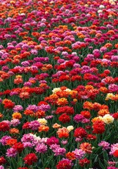 A vibrant and lush background texture featuring densely packed, colorful flowers blooming in a sunny spring garden setting during daytime ,green ,red ,perennials