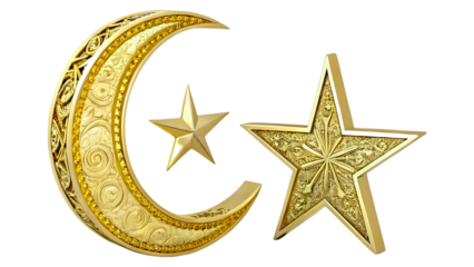 Golden crescent moon and star Islamic symbol PNG transparent background