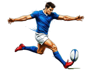 Athlete kicking rugby ball isolated on transparent background