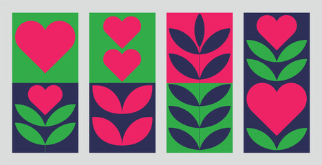 Vibrant modular geometric pattern set with stylized pink hearts and green leaves, evoking modern Scandinavian folk art warmth. © YasirAkanda