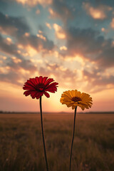Wide angle view depicting two solitary flowers a deep crimson red flower and a warm golden yellow flower,both featuring ultra-detailed petals and rich textures.