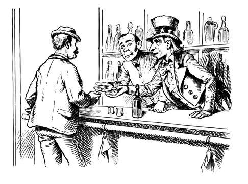 Uncle San at the bar talking to a man, while the bartender listens.