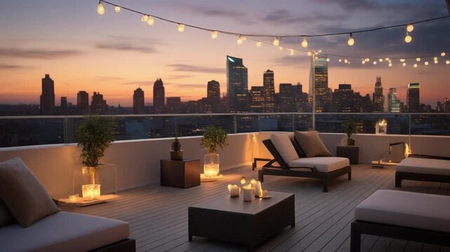 Luxury Rooftop Terrace with Lounge Seating and City View at Dusk
