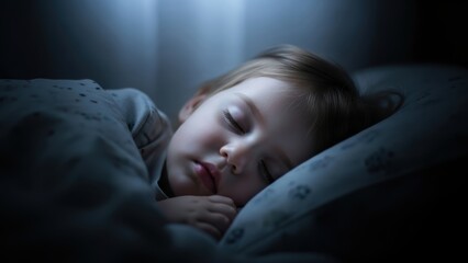 A young child sleeping peacefully in bed in a dark room with soft blue light.