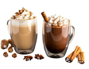 Two clear glass mugs, one latte, one cocoa, topped with whipped cream, marshmallows and spices