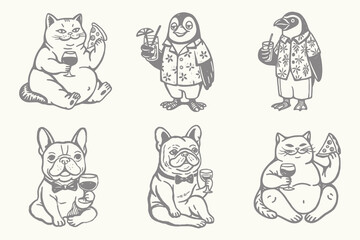 Vintage style cartoon Cat, Dog, sketch illustration. Illustration for drinks cards, bar and wedding menus, cards and website graphics. Eps 10