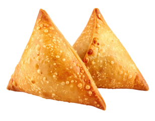 Two crispy, golden, triangle-shaped pastries, side-by-side, on a black background