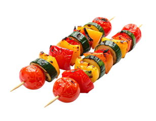 Grilled vegetable skewers featuring vibrant red tomatoes, bell peppers, zucchini, and yellow peppers