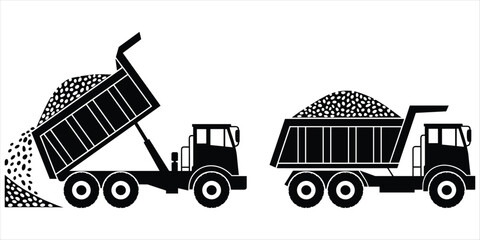 Two silhouette dump trucks, one unloading gravel on white background Keywords: dump truck, vehicle, construction, transportation © Rasel