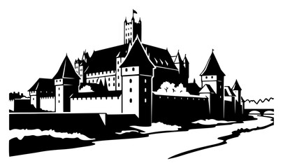 Large medieval fortress castle with towers and walls silhouette © Amelia