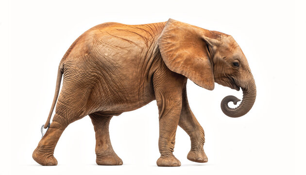 Young African Elephant Walking Gracefully on White Background