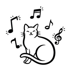 Happy cat with musical notes line art. Smiling kitten listening to music vector illustration.
