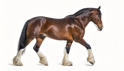 Obraz premium Graceful Bay Draft Horse Striding on White Background