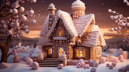 Fairytale gingerbread house covered with icing and snow in a magical winter landscape at sunset, glowing windows, festive Christmas atmosphere, fantasy holiday illustration