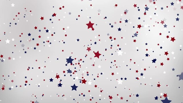 Animated video with a silver background featuring falling stars in white, blue red colors inspired by the USA flag Clean festive motion background ideal for patriotic videos, celebrations Copy space
