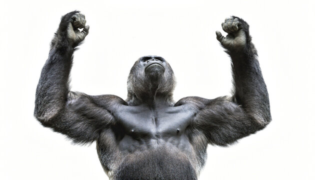 Powerful Silverback Gorilla Raising Arms on White