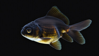 Elegant Black Oranda Goldfish with Golden Scales Isolated on Black © buivan