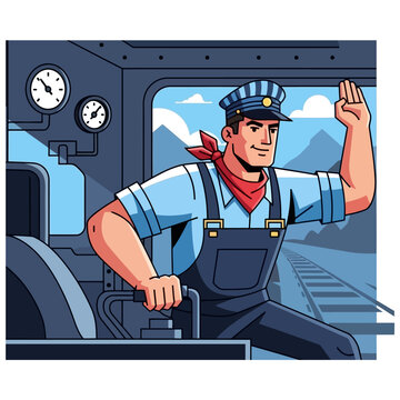 Locomotive engineer illustration in a train cab evoking vintage railway charm and nostalgia