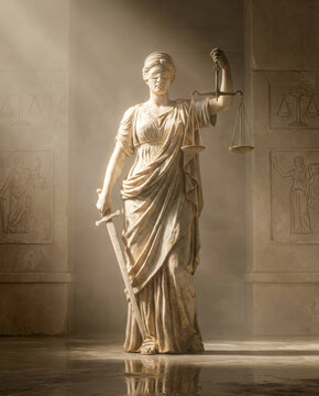 Lady Justice statue with blindfold and scales displayed in a modern law office, representing impartiality, ethical law practice, balance, truth, and the pursuit of justice.