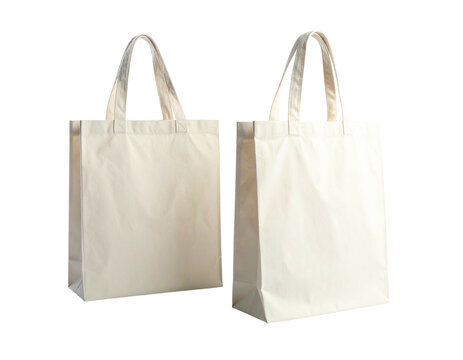 Two rectangular off-white fabric tote bags, handles upright, against a plain background