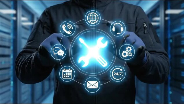 Technical maintenance and server repair concept with engineer hands,digital tools hologram interface,data center hardware fix,it support service network,system diagnostic check.