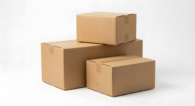Three cardboard shipping boxes stacked on a white background
