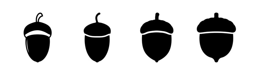 Four black acorns with varying cap styles arranged in a row on a white background design © Suriya