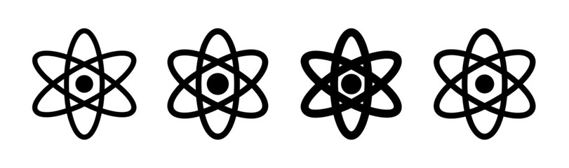 Four stylized atom symbols arranged in a row with a symmetrical design in black and white color