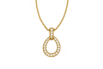 Gold teardrop pendant necklace with diamonds on transparent background