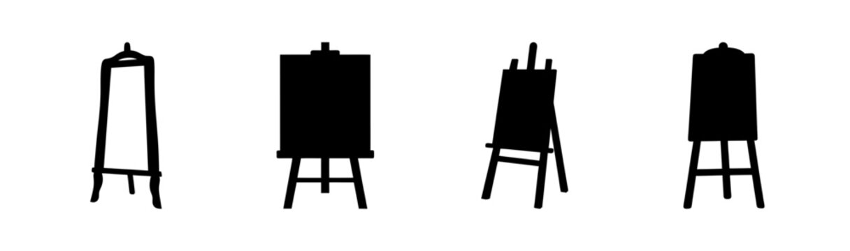 A series of four black silhouette illustrations of artist easels with different canvas shapes