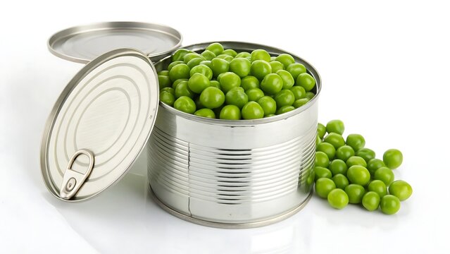 Open tin can full of bright green peas isolated on white backgrou
