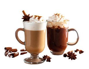 Two mugs of delicious drinks with whipped cream, cinnamon sticks, and star anise