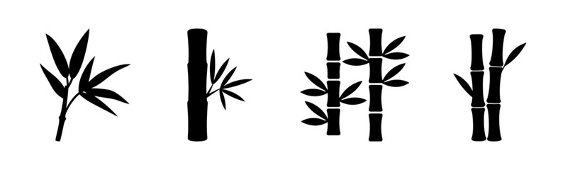 Four bamboo stalks with leaves in black silhouette against a white background showing detail © Suriya