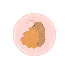 A set of icons on a pink circle of rabbits in love who give warmth. High quality image on a transparent background.