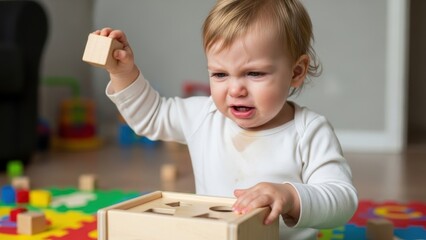 A frustrated toddler tries to fit a square block into a round hole of a shape-sorter toy.