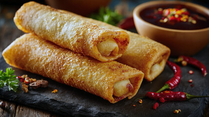 Delicious crispy golden fried spring rolls served on a slate board with spicy red chili dipping sauce, fresh parsley garnish, and dried red peppers in a rustic kitchen setting for food advertising