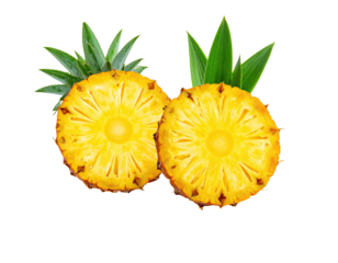 Sliced tropical fruit with spiky leaves on a black background