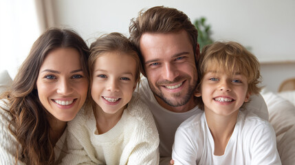 A warm and joyful portrait of a mother, father, daughter, and son smiling together. Ideal for family insurance, domestic happiness, lifestyle marketing, and parenting healthcare advertisements