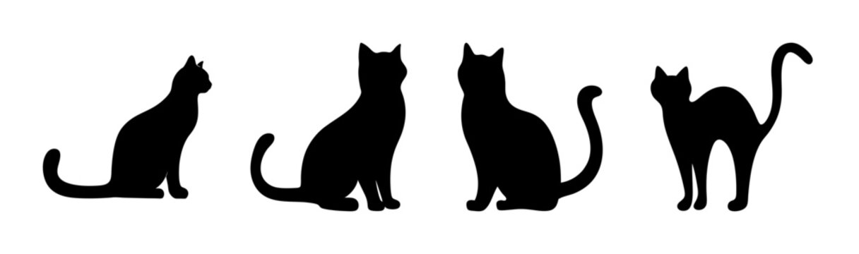 Silhouette illustration of four cats in various poses against a white background art image