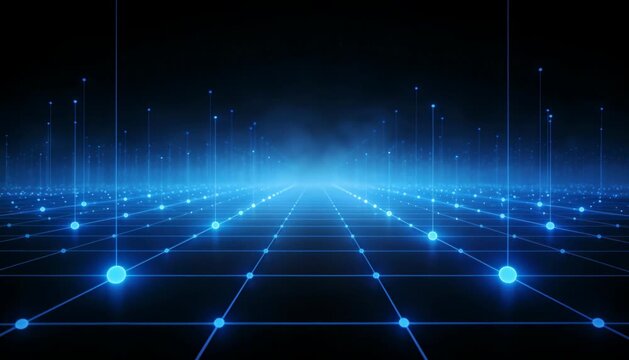 Abstract digital technology background featuring a winding blue particle path with glowing data trails and cinematic bokeh light effects representing big data and cybersecurity