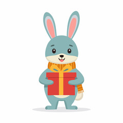 Cute cartoon bunny rabbit wearing a scarf and holding a gift box, perfect for holiday and festive occasions