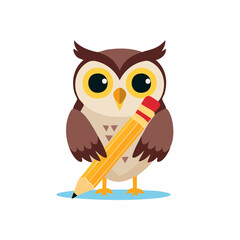 Fototapeta premium A charming and smart cartoon owl with wide expressive eyes, holding a big yellow pencil, symbolizing learning, wisdom, and creativity in a cute flat vector illustration style for educational concepts