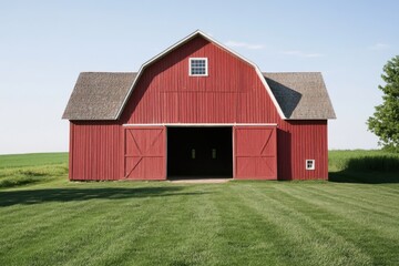 Obraz premium Red barn stands on green grass in open field under clear sky during sunny day showcasing rural life and farming structures
