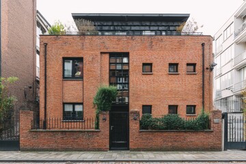 The contemporary brick home, featuring a stylish dark roof, is situated in an urban neighborhood, showcasing a beautiful blend of textures and colors under a bright, clear sky